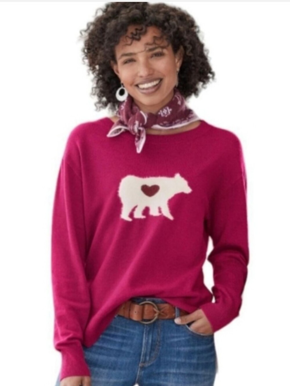 Sundance Mighty Polar Bear Heart Intarsia Knit Sweater Fuchsia Pink Women's XS